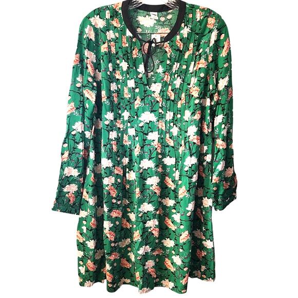 Old Navy Green Floral Ruched Tie Front Mini Long Sleeve Peasant Dress Size Small - Picture 1 of 6
